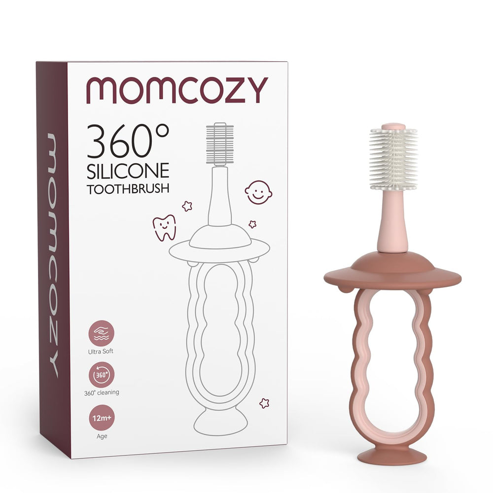 Pink Momcozy baby toothbrush with 360° bristles