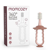 Pink Momcozy baby toothbrush with 360° bristles