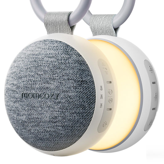 Momcozy grey portable sound machine with night light supports calm baby sleep.