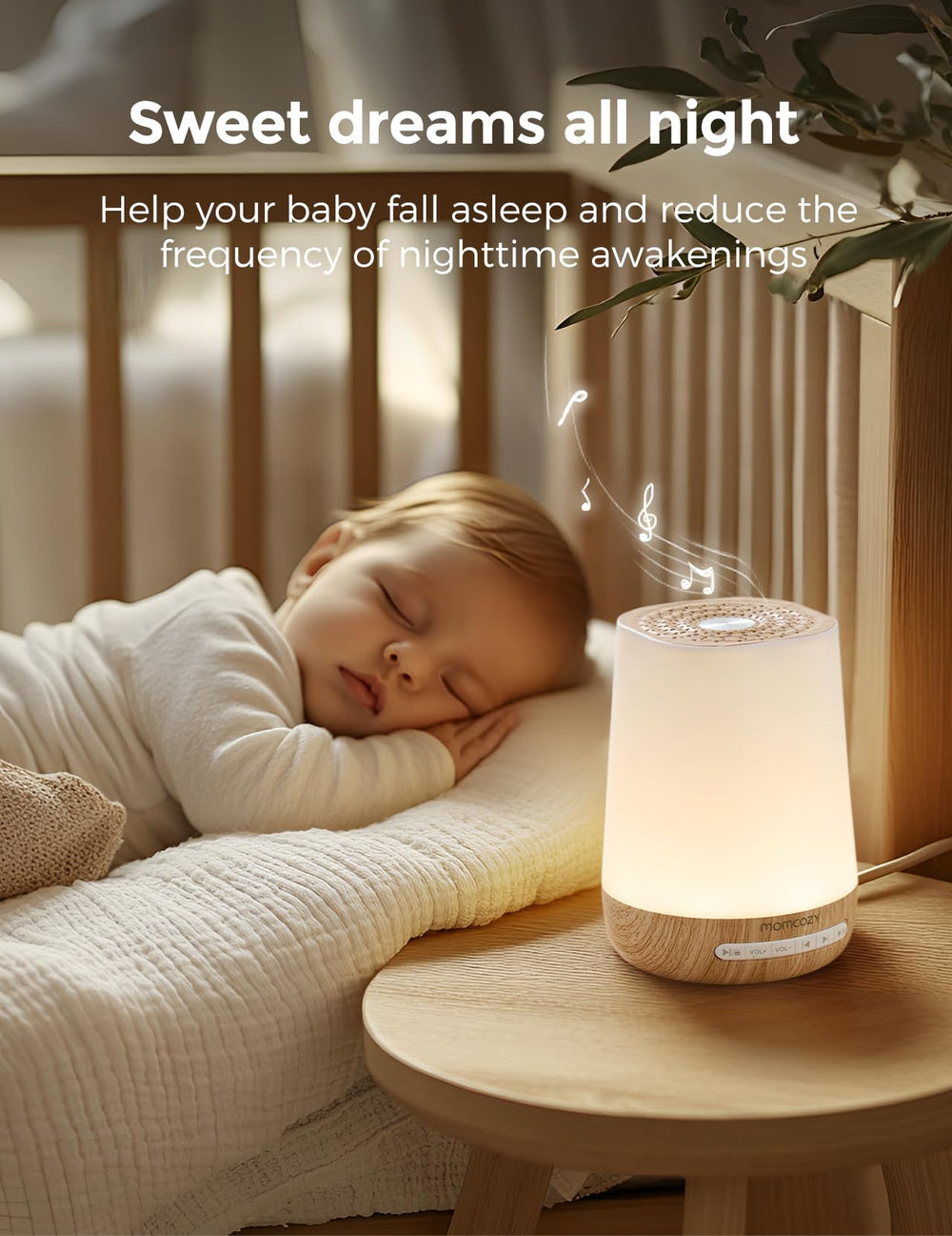 Momcozy soft-touch control close-up shows effortless brightness and sound adjustments.