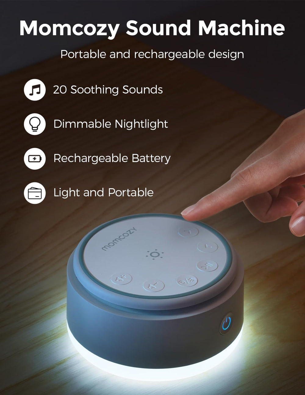 Close up of Momcozy sound machine 20 sounds display for soothing routines
