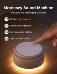Momcozy sound machine side view highlighting portable bedside setup for travel