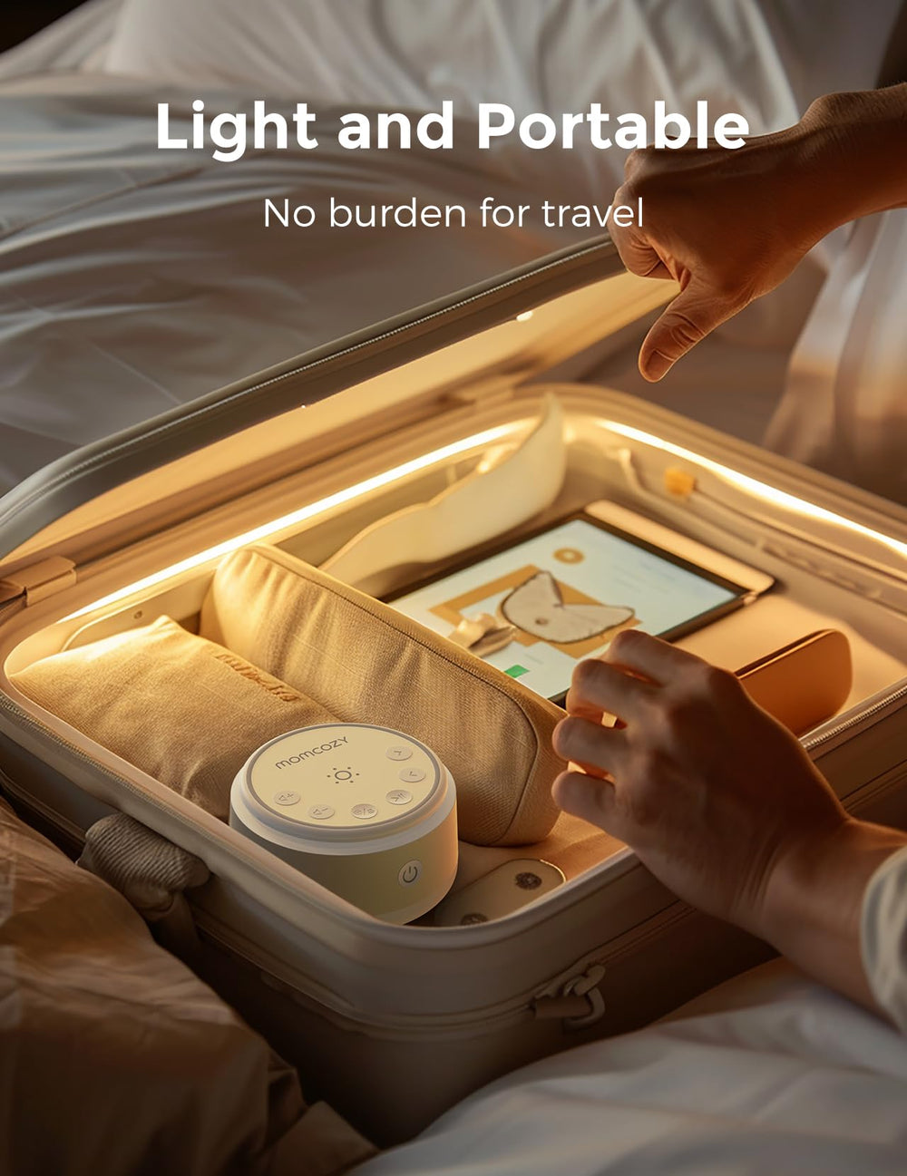 Momcozy travel-compact design image emphasizes easy packing and hotel room setup