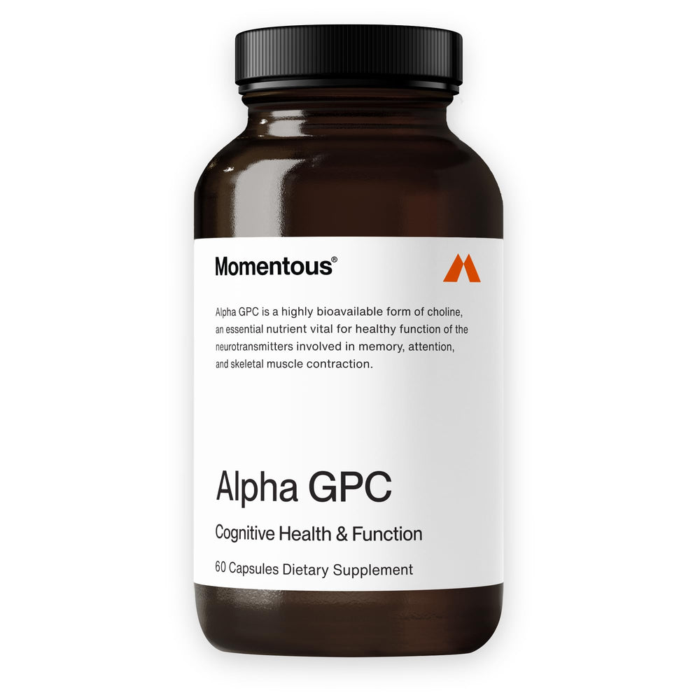 Momentous Alpha GPC bottle front with NSF label for clean cognitive support.