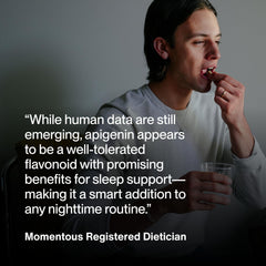 Lifestyle scene with Momentous Apigenin bottle and glass of water