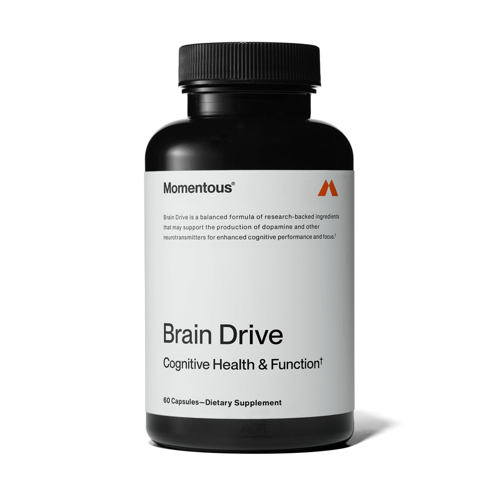 Momentous Brain Drive bottle closeup with capsules may support focus and memory