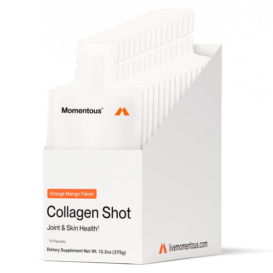 Momentous Collagen Shot mango orange flavor bottle and glass