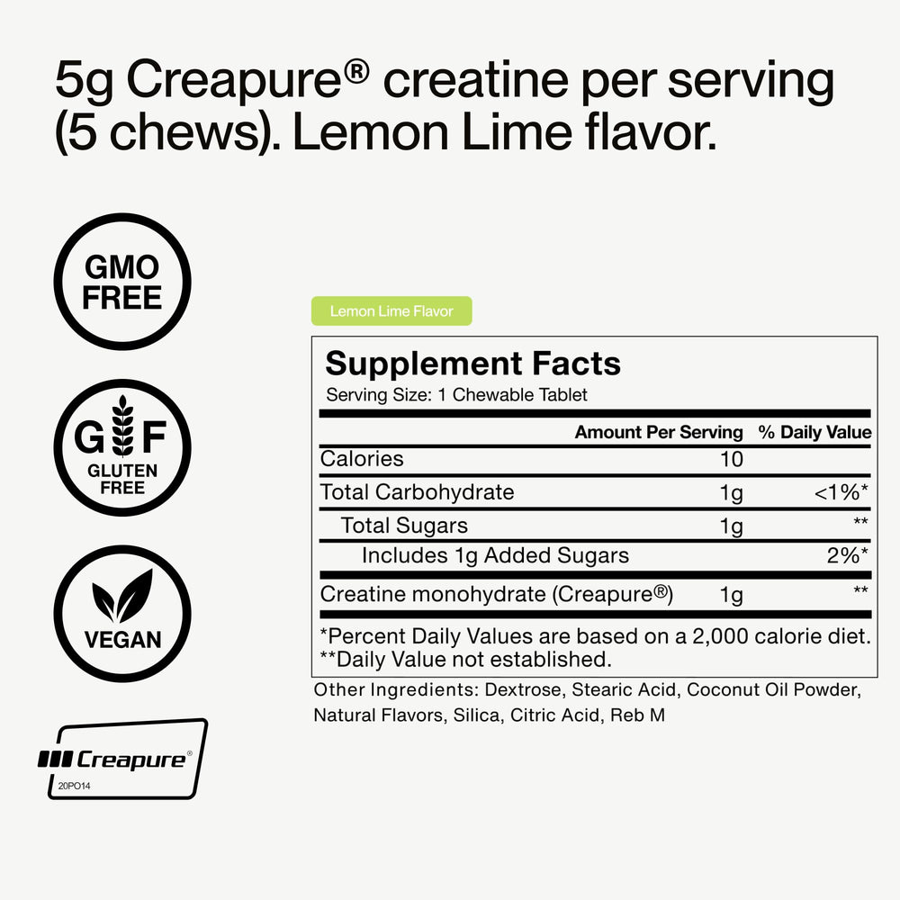 Momentous Creatine Chews lemon-lime Creapure logo indicating purity