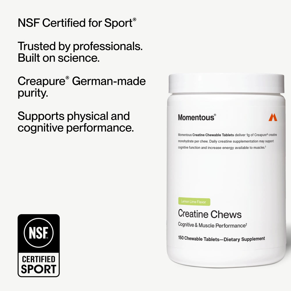Momentous Creatine Chews lemon-lime nutrition facts card for informed choice