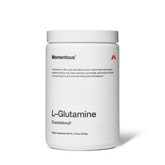 Momentous L-Glutamine Powder bottle showing premium supplement for digestive support and recovery