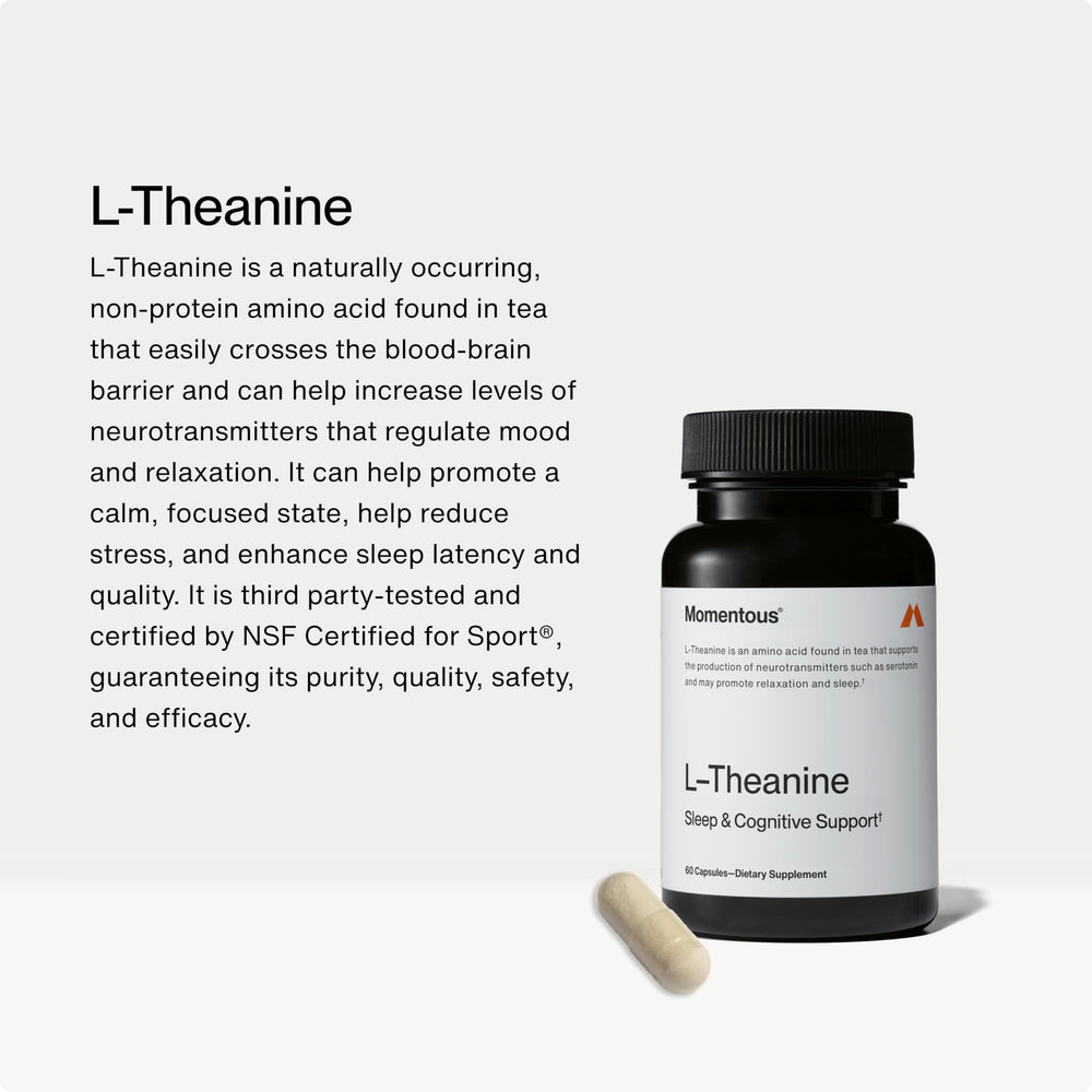 Momentous L-Theanine bottle front showing a gluten-free, GMO-free supplement.