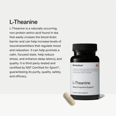 Momentous L-Theanine bottle front showing a gluten-free, GMO-free supplement.