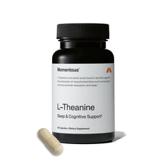 Momentous L-Theanine capsules 200 mg close-up for calm focus throughout the day.