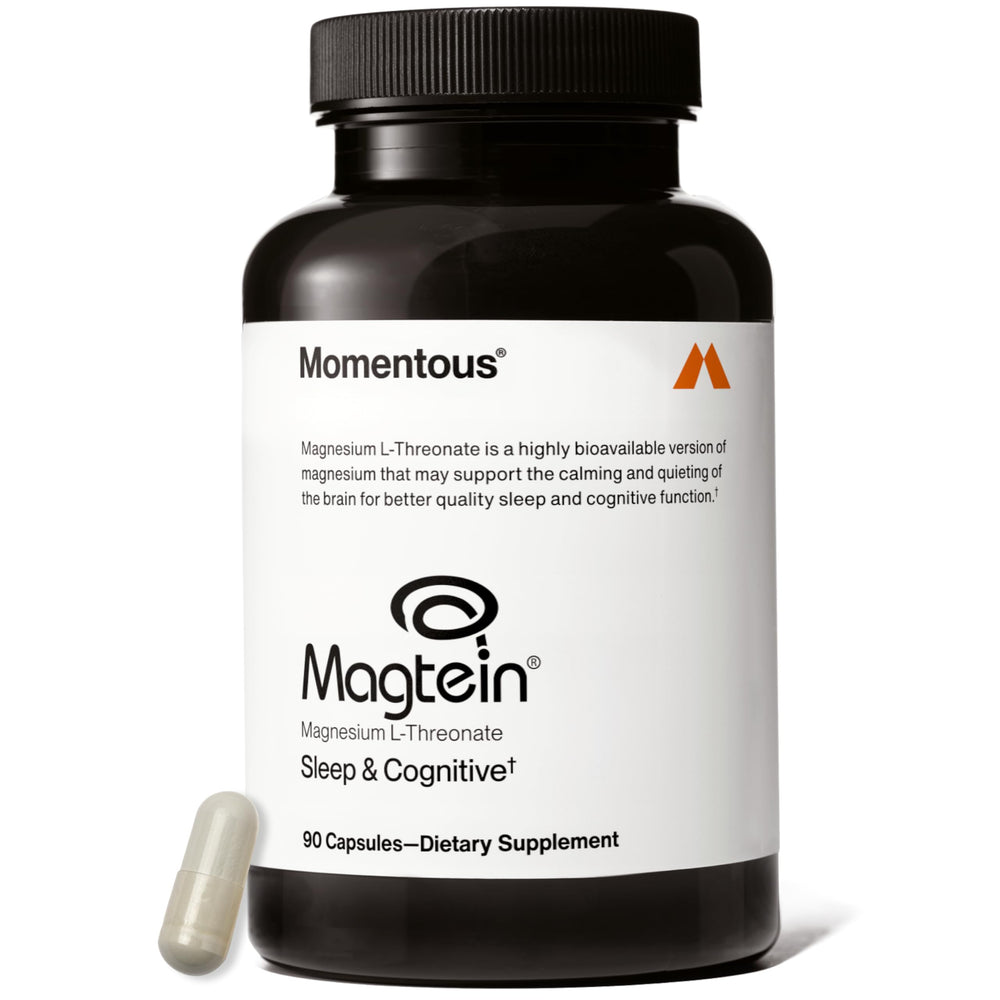 Momentous Magtein bottle pour shows capsules for cognitive support.