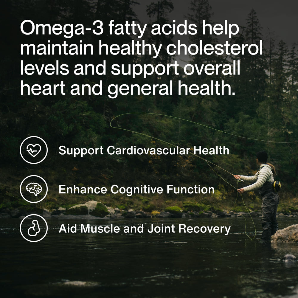 Closeup of Momentous Omega-3 softgels with no fishy aftertaste promise.