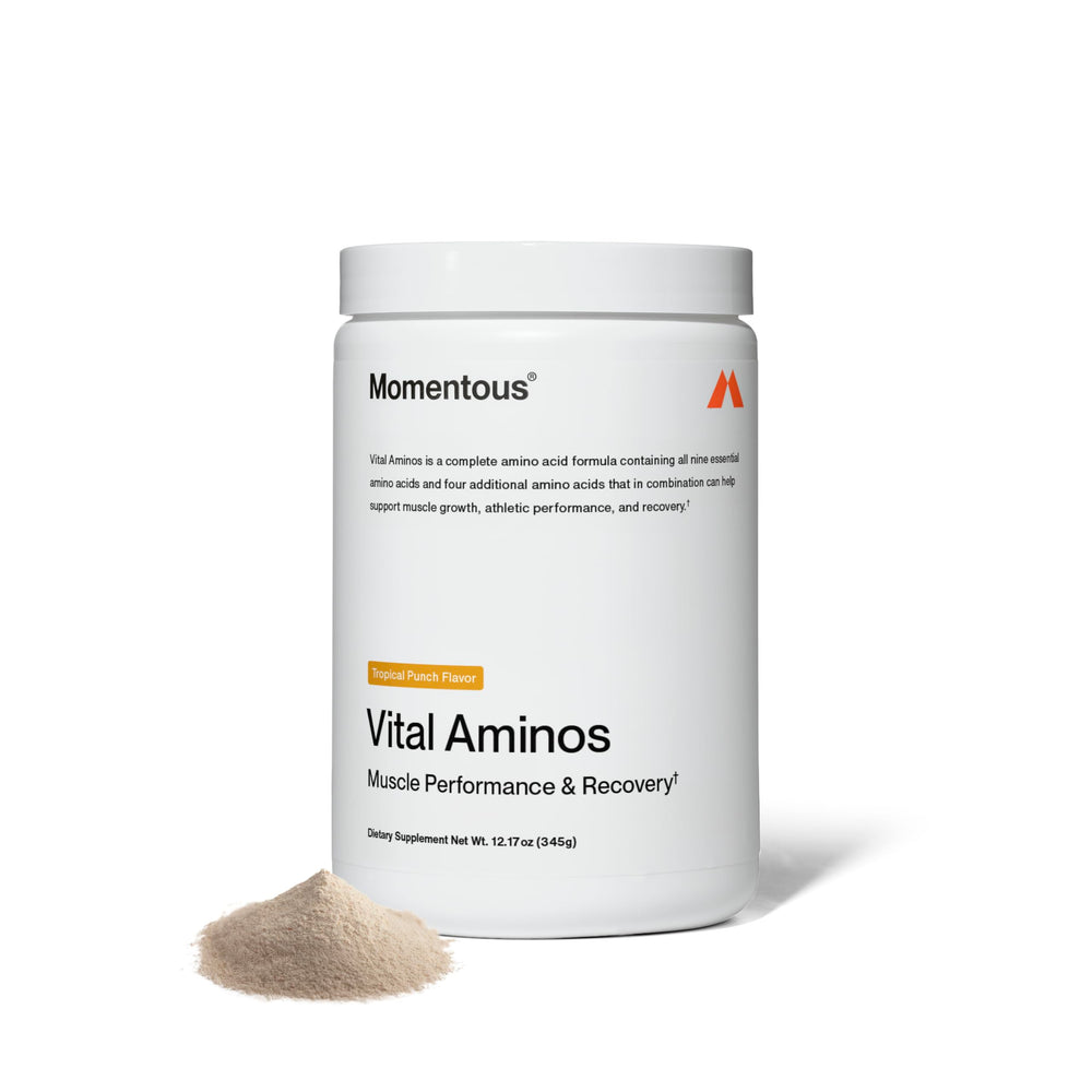 Momentous Vital Aminos Tropical Punch bottle front signaling recovery support