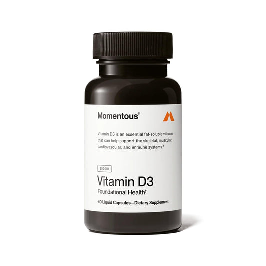 Momentous Vitamin D3 2000 IU capsules bottle showing 60 servings