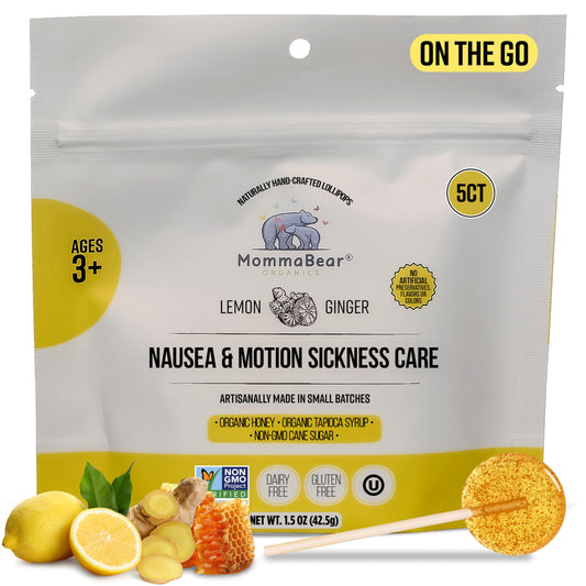 MommaBear nausea lollipops lemon-ginger pack provides gentle relief during travel and morning sickness.