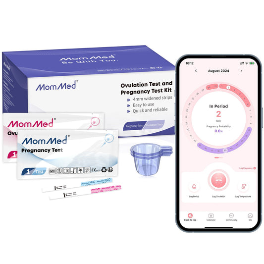 MomMed Ovulation Predictor Kit box showing 25 pregnancy tests and 100 ovulation tests