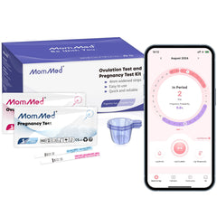 MomMed Ovulation Predictor Kit box showing 25 pregnancy tests and 100 ovulation tests