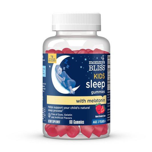 Mommy's Bliss Kids Sleep Gummies bottle with strawberry flavor supports easier bedtime routines