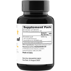 Close-up of MONOHERB Artichoke Leaf Extract 1000 mg bottle label