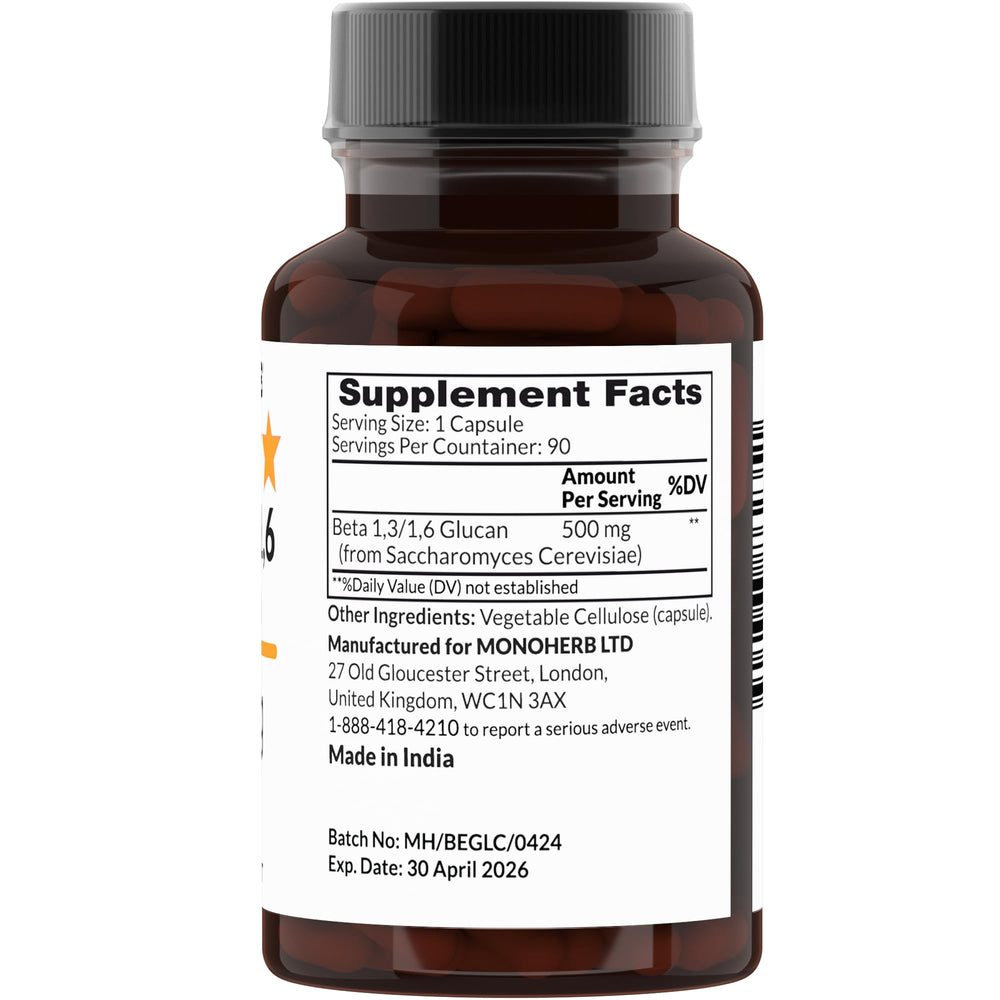 Transparent vegetable capsules of MONOHERB Beta 1,3/1,6 Glucan 500 mg