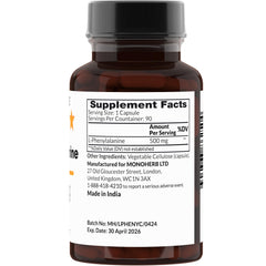 L-Phenylalanine 500 mg per Capsule - 90 vegan capsules inside clear vegetable capsules