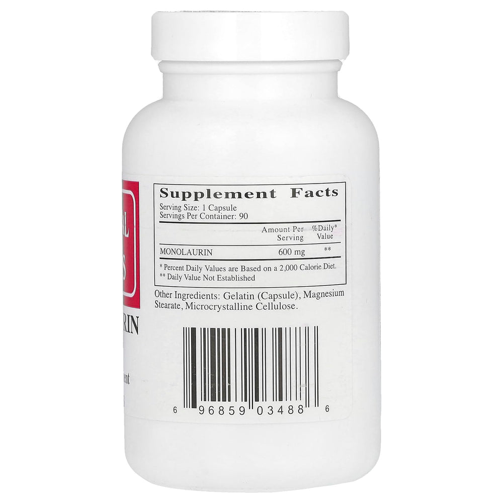 Close-up of Monolaurin 600 mg capsules in bottle