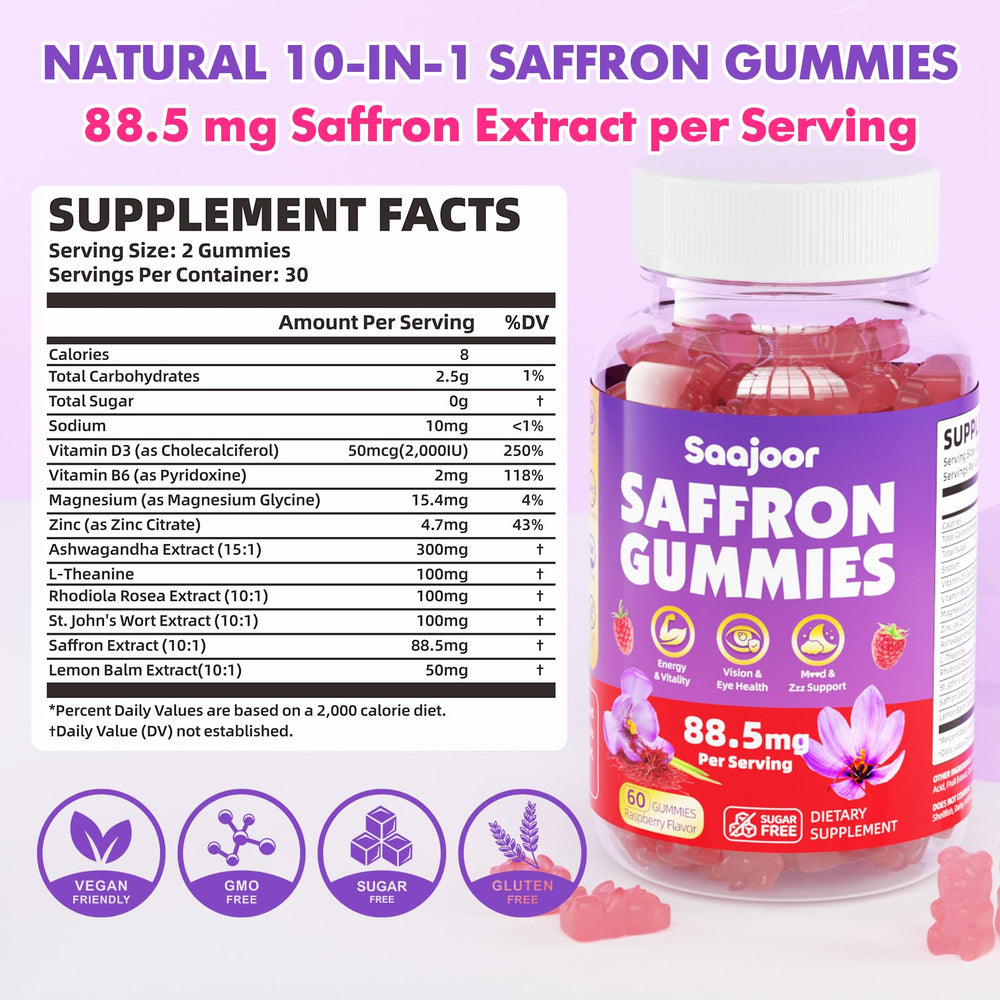 Mood and focus ingredients including saffron, ashwagandha, and L-theanine
