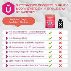 Close-up of Moogǔ Organics Berberine Gummies with watermelon-tropical flavor.