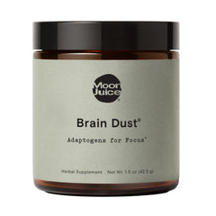Moon Juice Brain Dust bottle showing a caffeine-free adaptogenic blend for focus