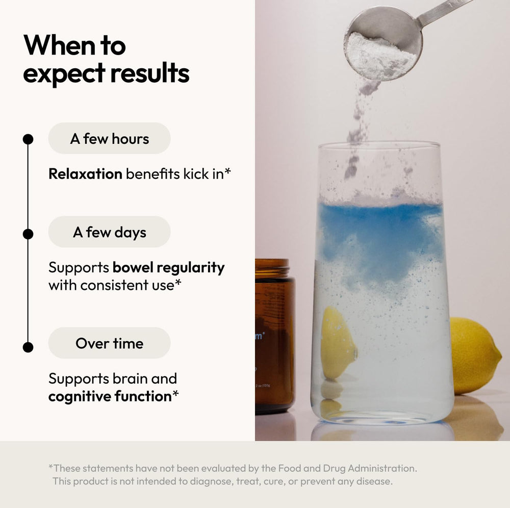 Moon Juice Magnesi-Om blue lemon powder in a glass.