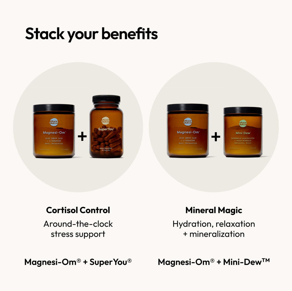 Moon Juice Magnesi-Om L-theanine blend bottle closeup for calm moments.