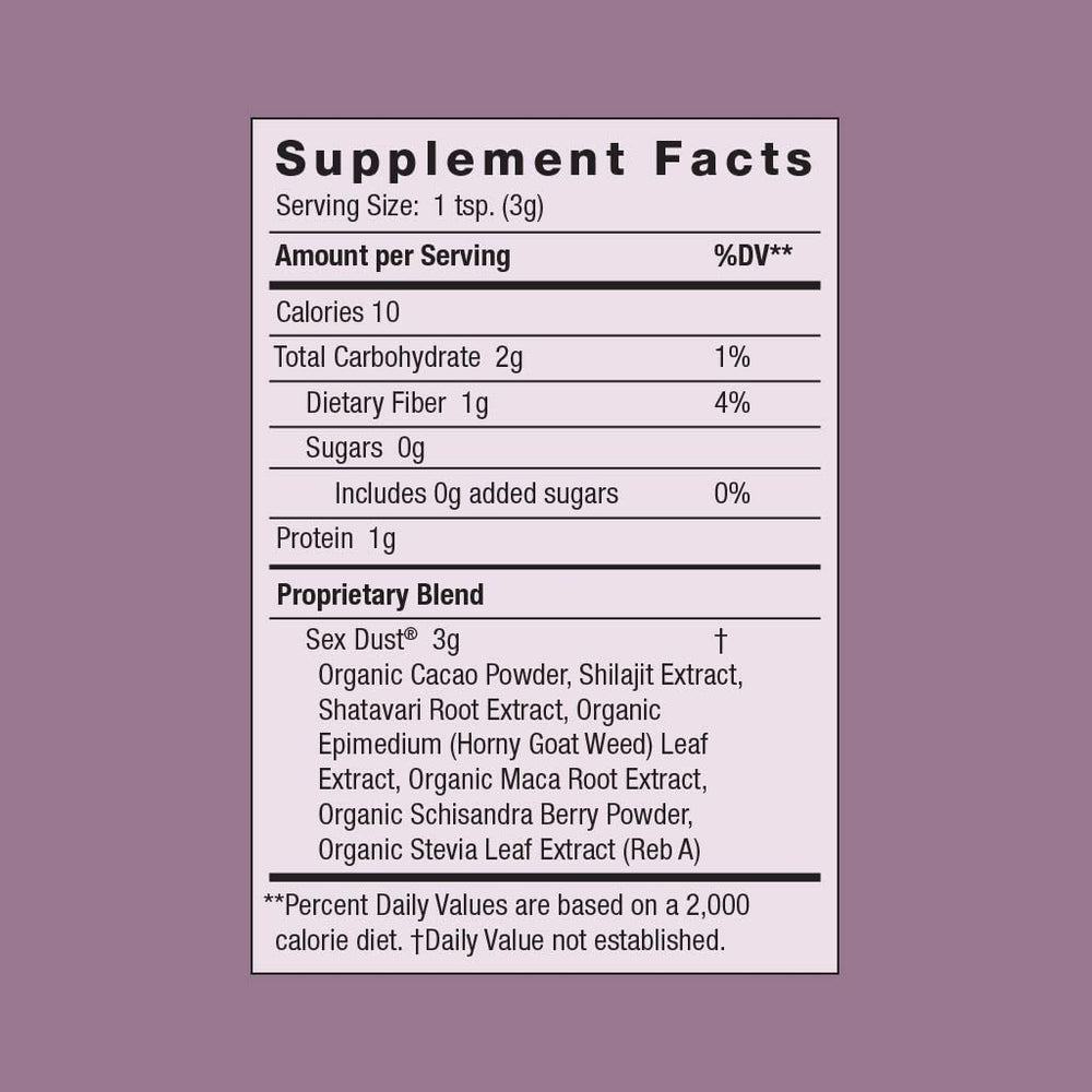 Moon Juice Sex Dust label side highlighting vegan and sugar-free attributes.