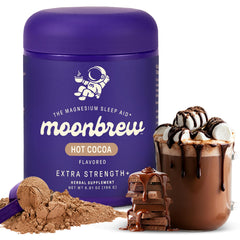 MoonBrew Nighttime magnesium hot cocoa jar showing calm evening ritual and melatonin-free formula
