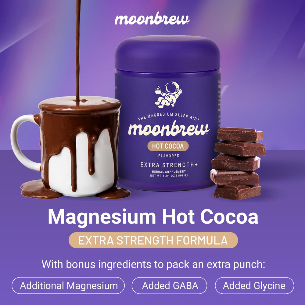 Cup of MoonBrew Nighttime Hot Cocoa ready for bedtime
