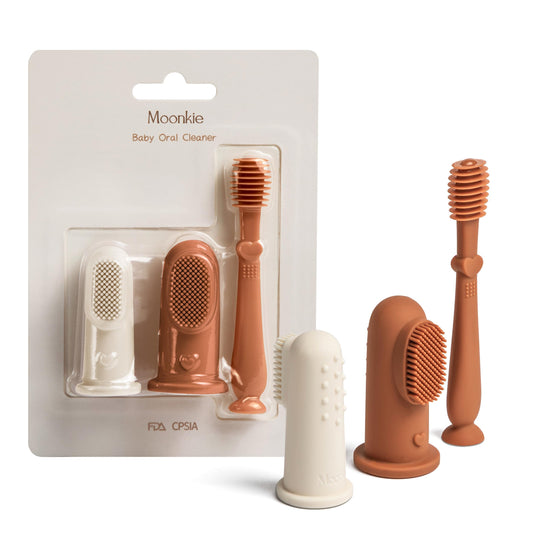 Moonkie baby finger toothbrush and tongue cleaner kit close-up in clay color