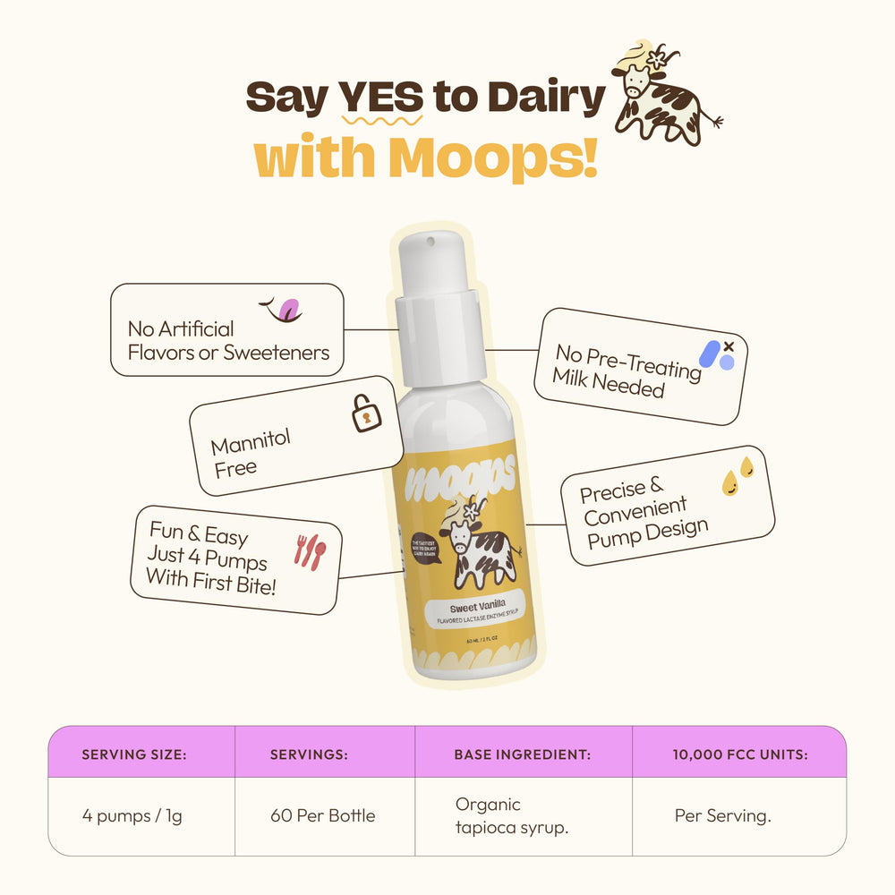 Moops lactase enzyme syrup 2oz Salted Caramel flavor with twist to lock pump