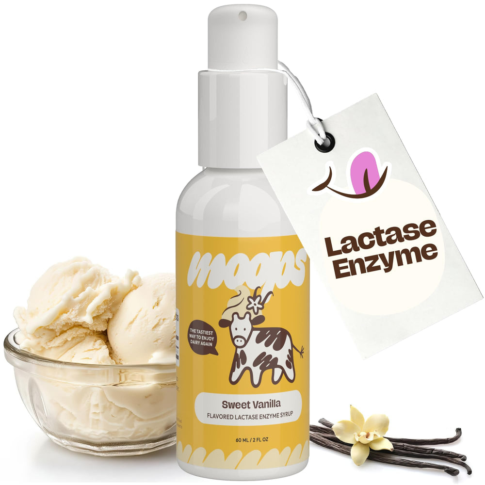 Moops lactase enzyme syrup 2oz Vanilla flavor with twist to lock pump