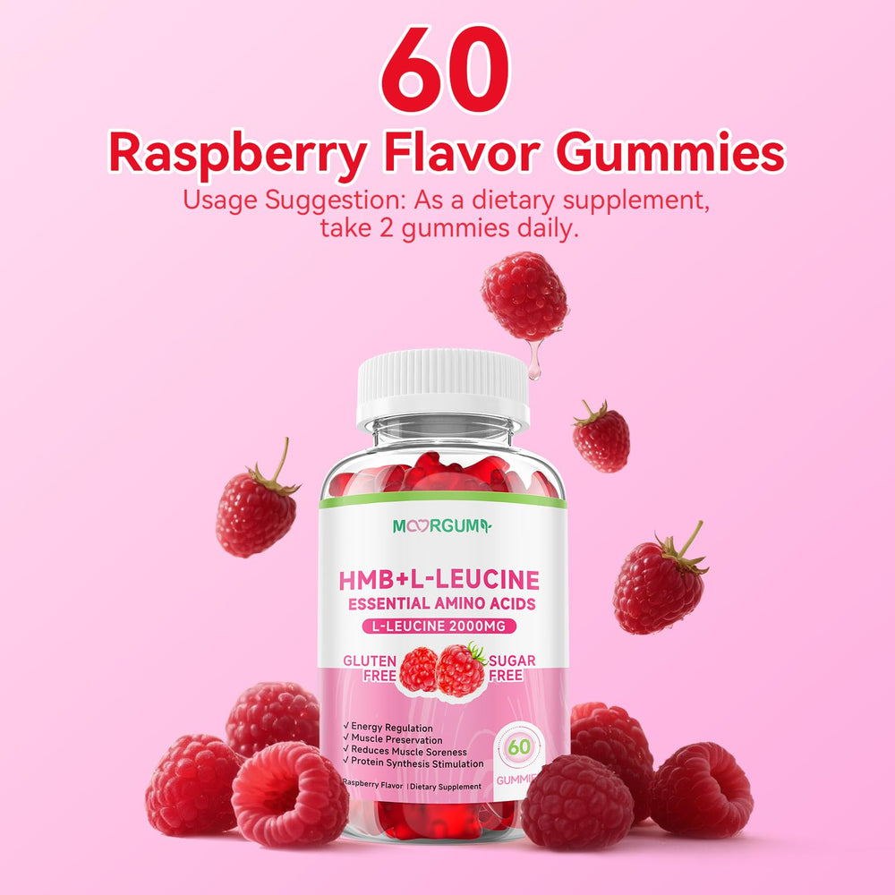 MOORGUMY HMB & L-Leucine Gummies Raspberry bottle and serving