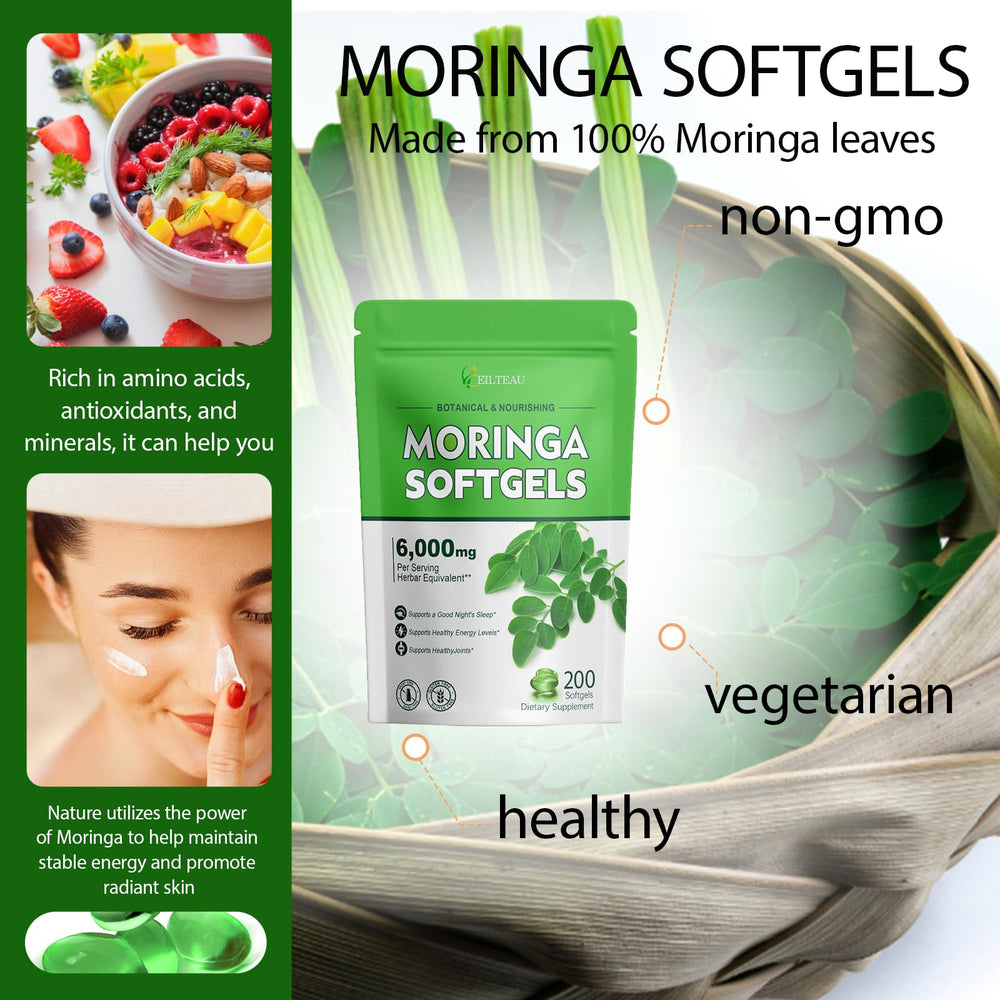 Moringa capsules bottle highlighting health benefits