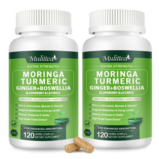 Bottle of Moringa capsules with turmeric, ginger and elderberry blend