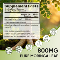 Moringa capsules showing iron, magnesium, B12 and vitamin C