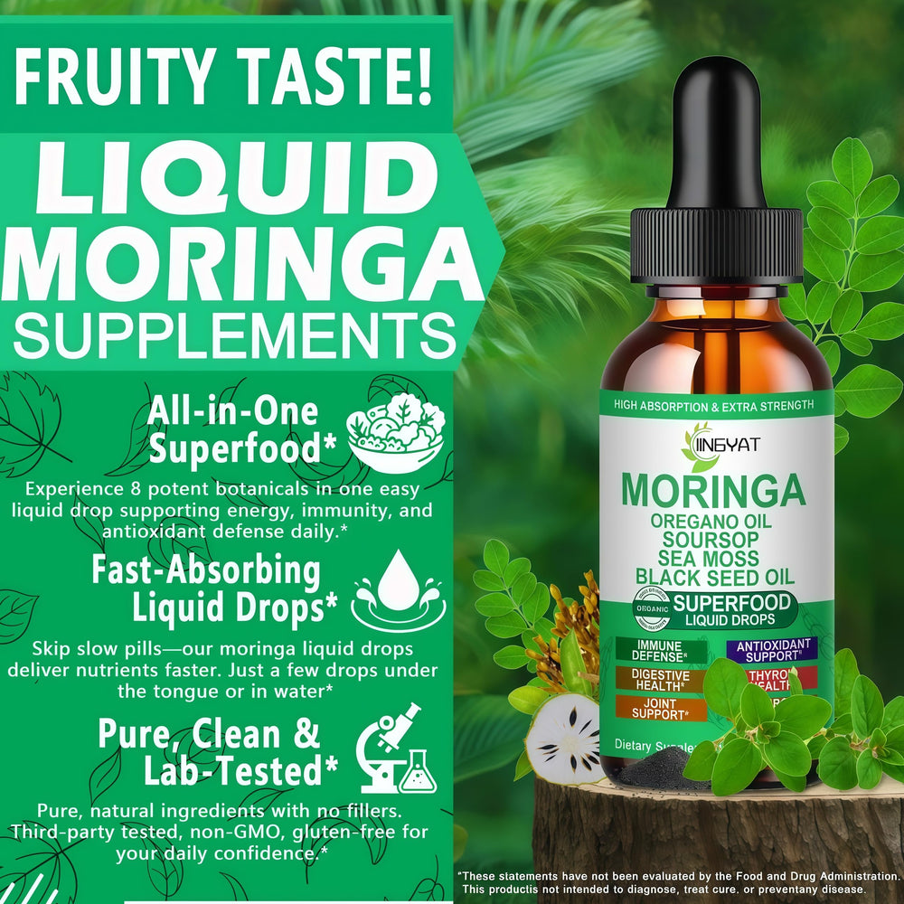 Dropper dispensing Moringa tincture into a glass