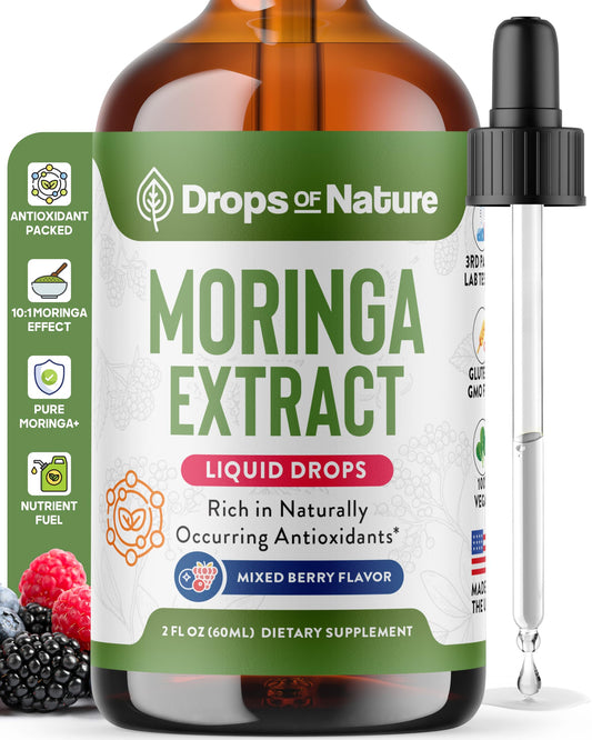 Moringa Liquid Drops 60 mL bottle with mixed berry label