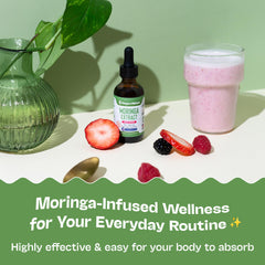 Close-up of vegan, gluten-free moringa liquid drops ingredient label
