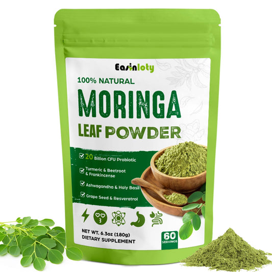 Moringa powder in a scoop with organic label
