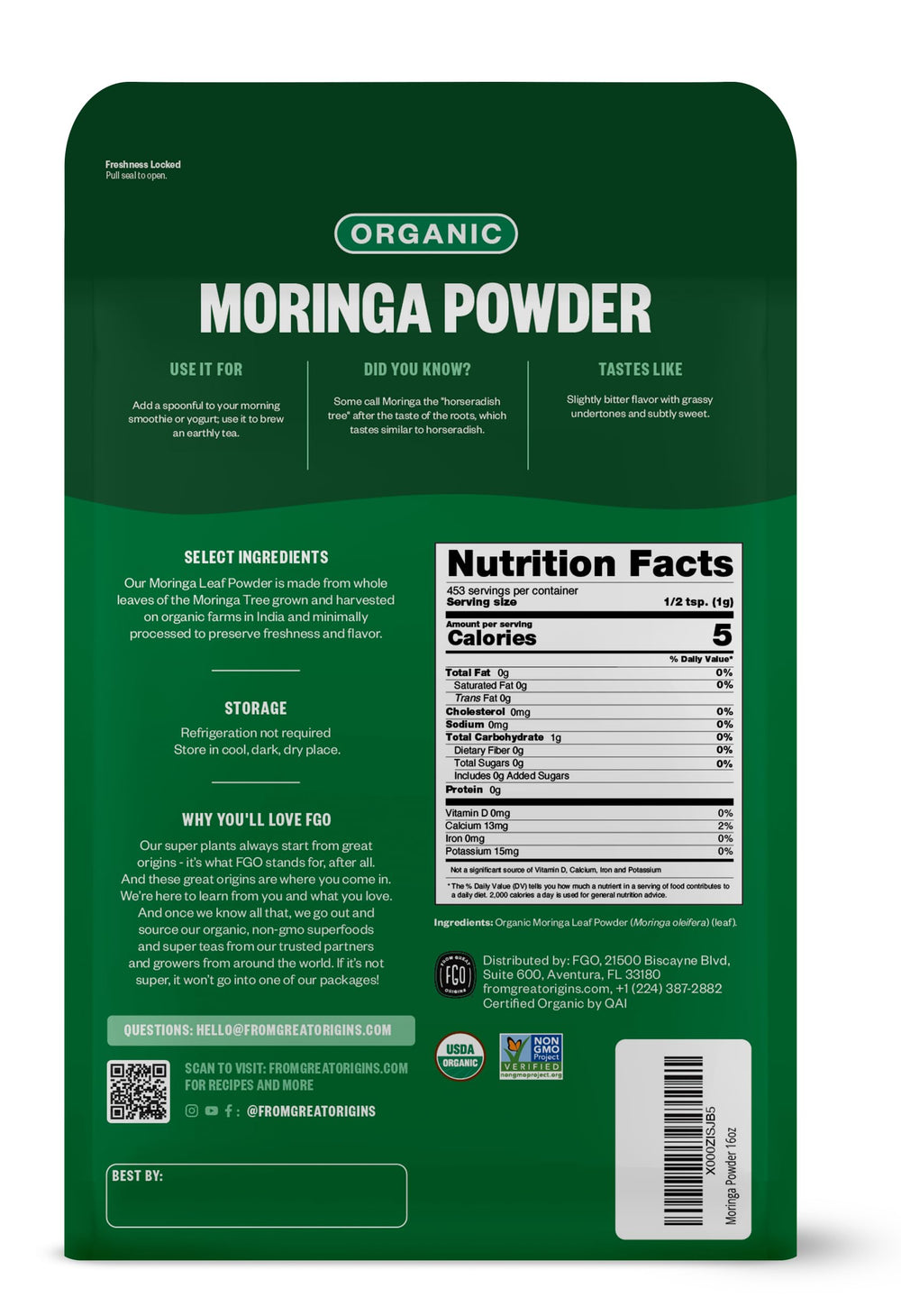 Back label showing weight and certification on moringa powder pouch