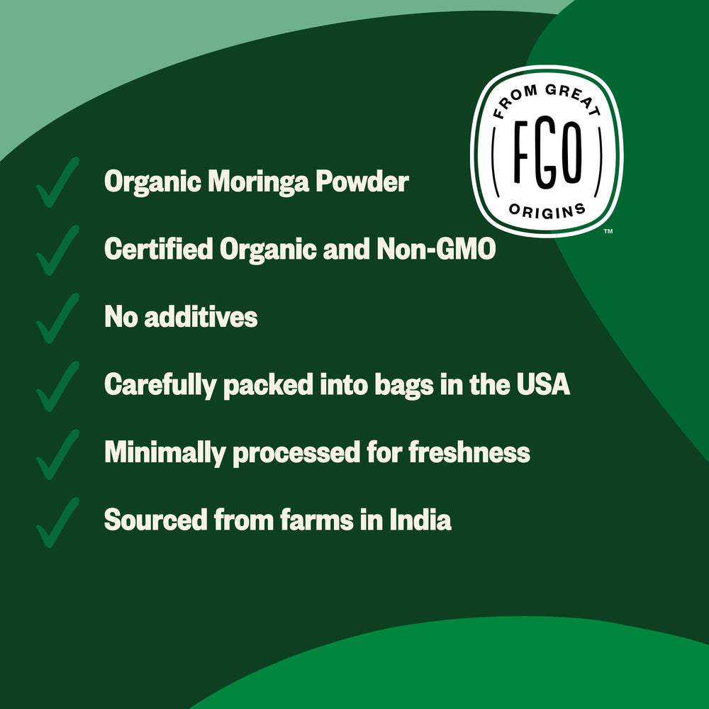 USDA Organic and Non-GMO certification logos on moringa powder label